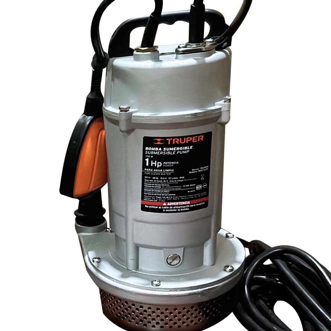 Bomba sumergible TRUPER 1HP Pichel MET, cuerpo metálico color gris y negro.